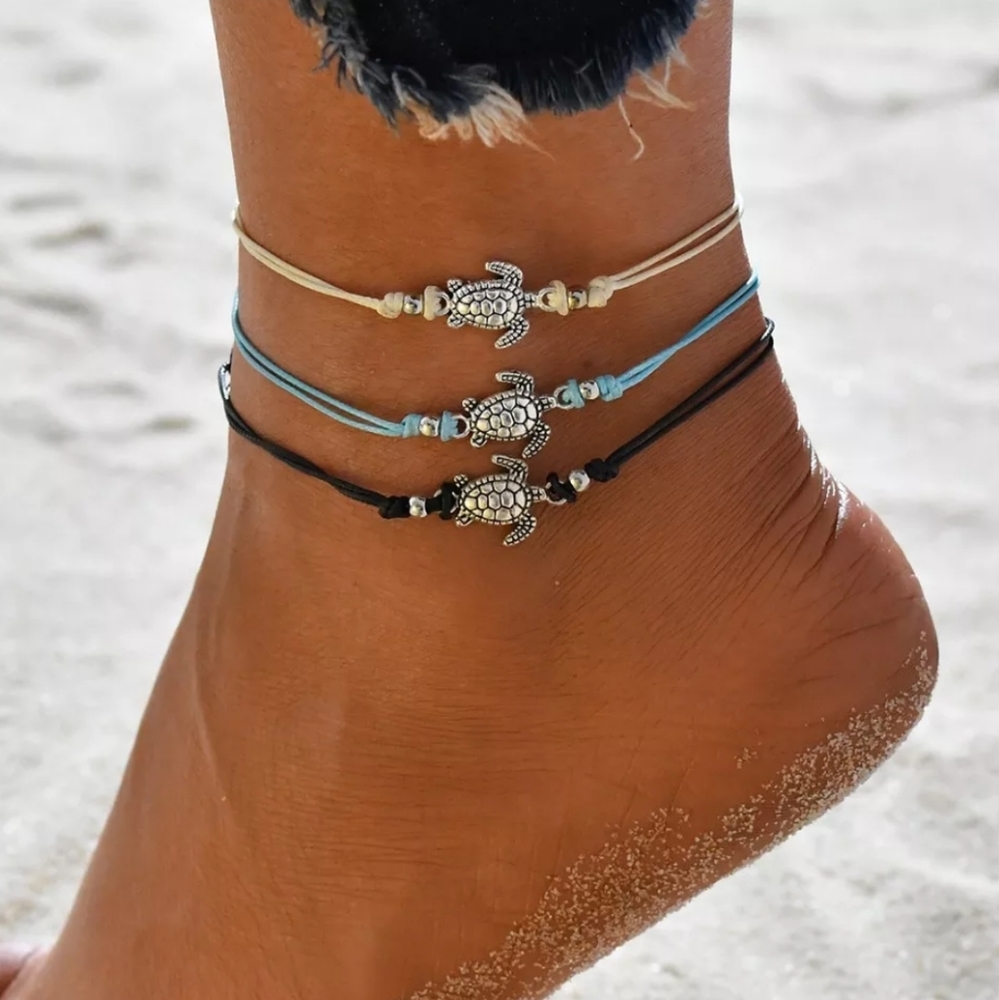 Turtle Adjustable Anklet Cream Silver Color